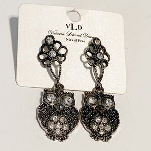 Victoria Leland Designs Metal Rhinestone Owl Drop Earrings Novelty Accessory